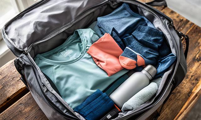 Open sporttas met hardloopkleding in lagen op een houten bank