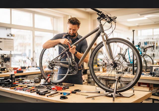 Sportmedewerker die een fiets afstelt aan een werkbank in een lichte werkplaats