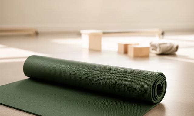 Duurzame Manduka yogamat uitgerold in een rustige studio met daglicht