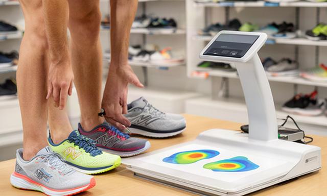 Hardloper die verschillende loopschoenen bekijkt naast een voetanalyse in de winkel