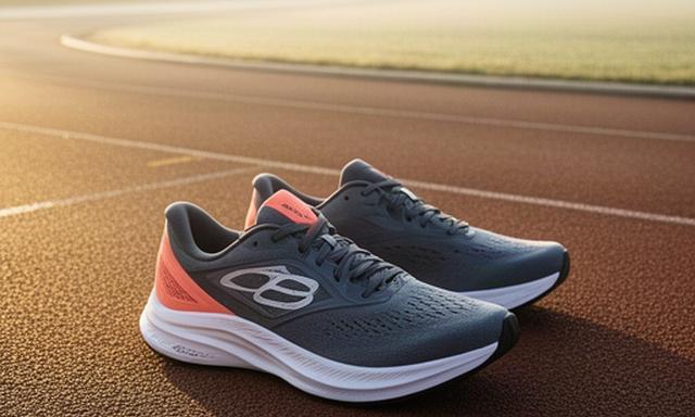 Nieuwe Asics hardloopschoenen naast een hardloopbaan in de ochtendzon