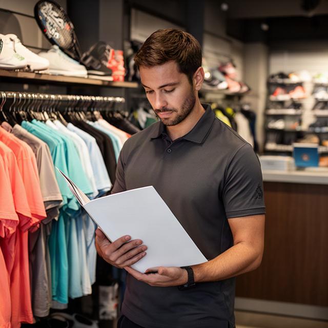 Medewerker in een sportwinkel die een klantdossier zorgvuldig controleert naast rekken met sportkleding