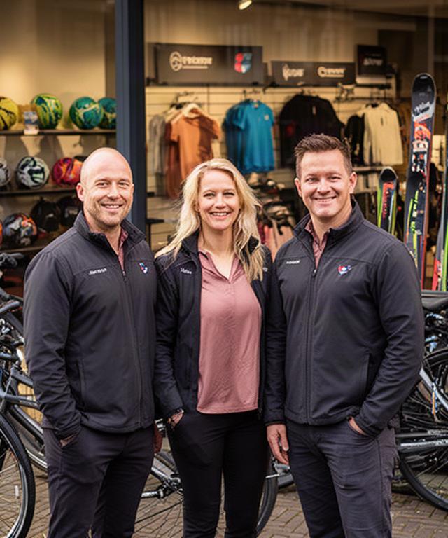 Het team van A1 Action Sport voor de winkel in Heerhugowaard met fietsen en sportkleding op de achtergrond