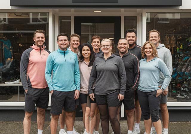 Sportief winkelteam van A1 Action Sport bij de winkelpui aan De Schuur in Heerhugowaard