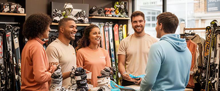 Medewerkers van A1 Action Sport bespreken sportuitrusting in de winkel in Heerhugowaard